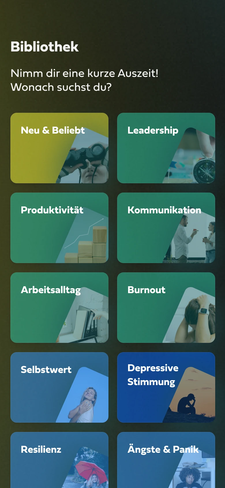 Die Bibliothek der Mindance App mit Kursen, Meditationen und Übungen