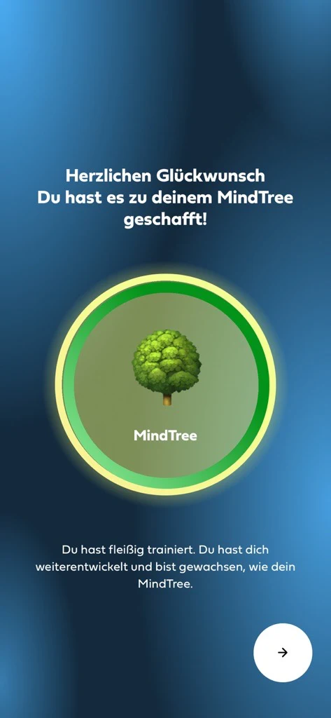 Die Mindance App gratuliert zum eigenen MindTree: ein grüner Baum in einem leuchtenden Kreis, darunter „Du hast fleißig trainiert. Du hast dich weiterentwickelt und bist gewachsen, wie dein MindTree.“