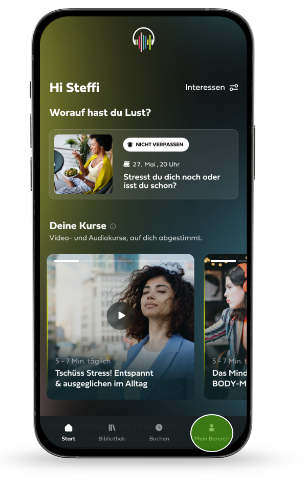 The home screen of the Mindance app; “Mein Bereich” is highlighted in the navigation bar at the bottom.