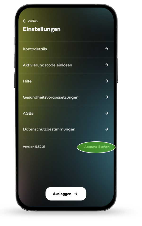 The settings of the app; “Account löschen” at the bottom right is highlighted.