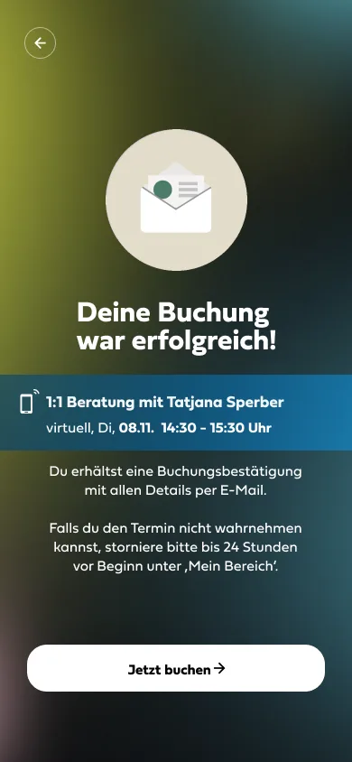 App screen (in German): confirmation of a successfully booked virtual 1:1 session