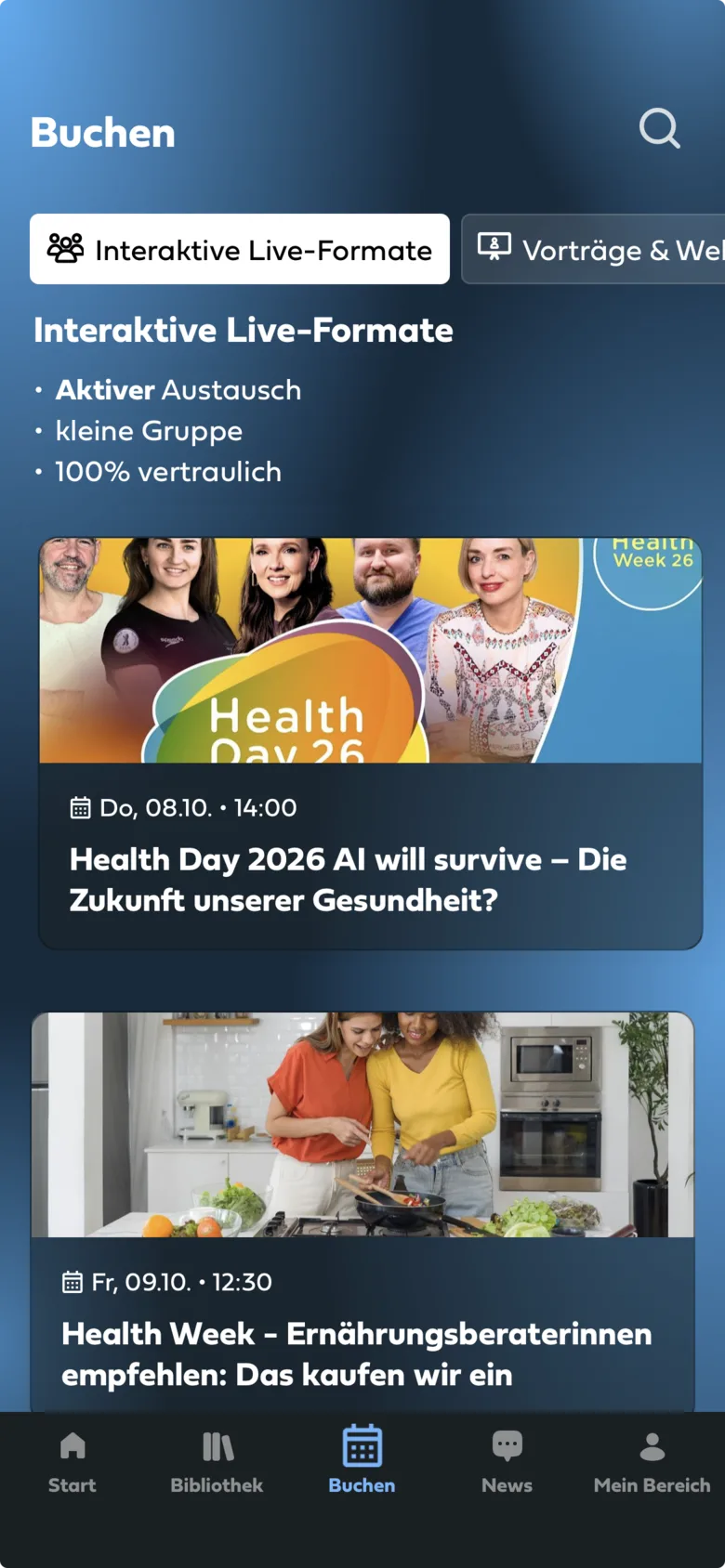 Der Bereich „Buchen“ der Mindance App mit interaktiven Live-Formaten: Health Day 2026 am 8. Oktober und ein Health-Week-Termin zur Ernährung am 9. Oktober