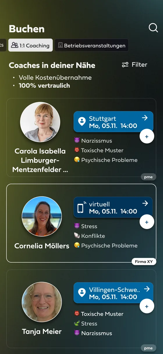 Booking view of the Mindance app with coaches nearby, their focus areas and free appointments.