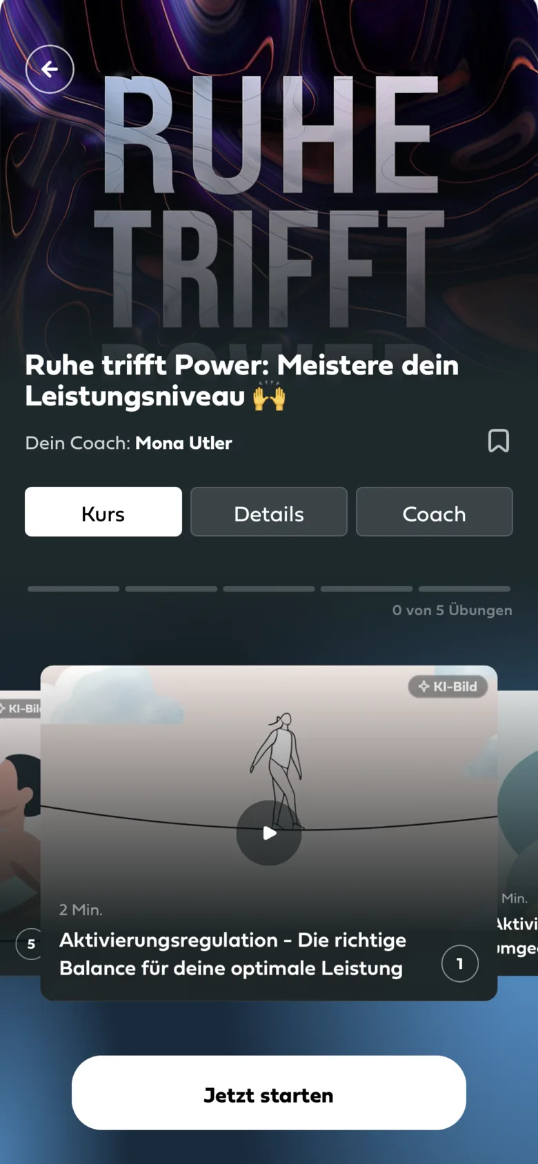 Kurs „Ruhe trifft Power: Meistere dein Leistungsniveau“ in der Mindance App mit Coach Mona Utler und der ersten Übung „Aktivierungsregulation – Die richtige Balance für deine optimale Leistung“.