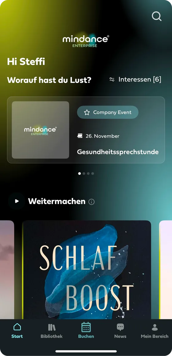 Start screen of the Mindance app with the question “What do you feel like?” and the chosen interests