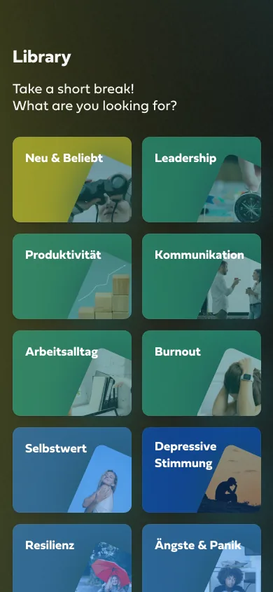 Library of the Mindance app with tiles for topics such as leadership, productivity, burnout and resilience.