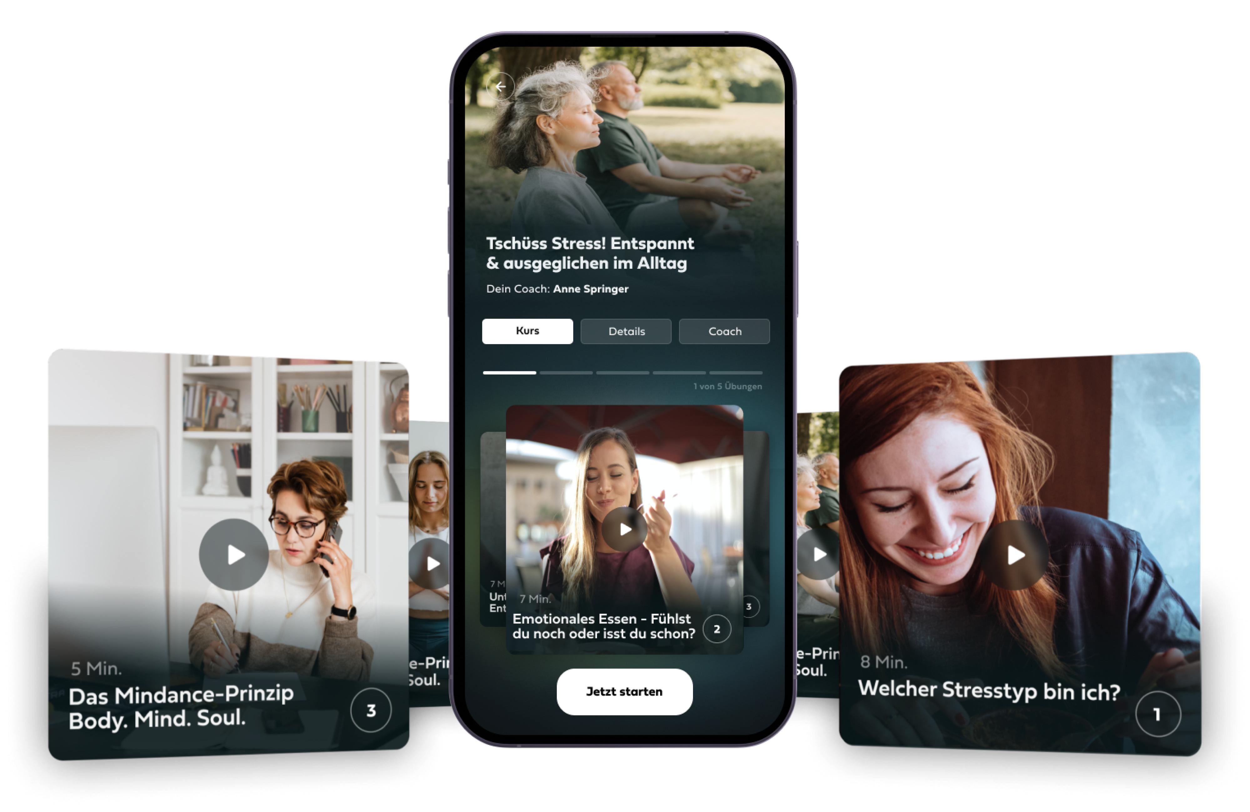 A course in the Mindance app with video exercises and further course tiles