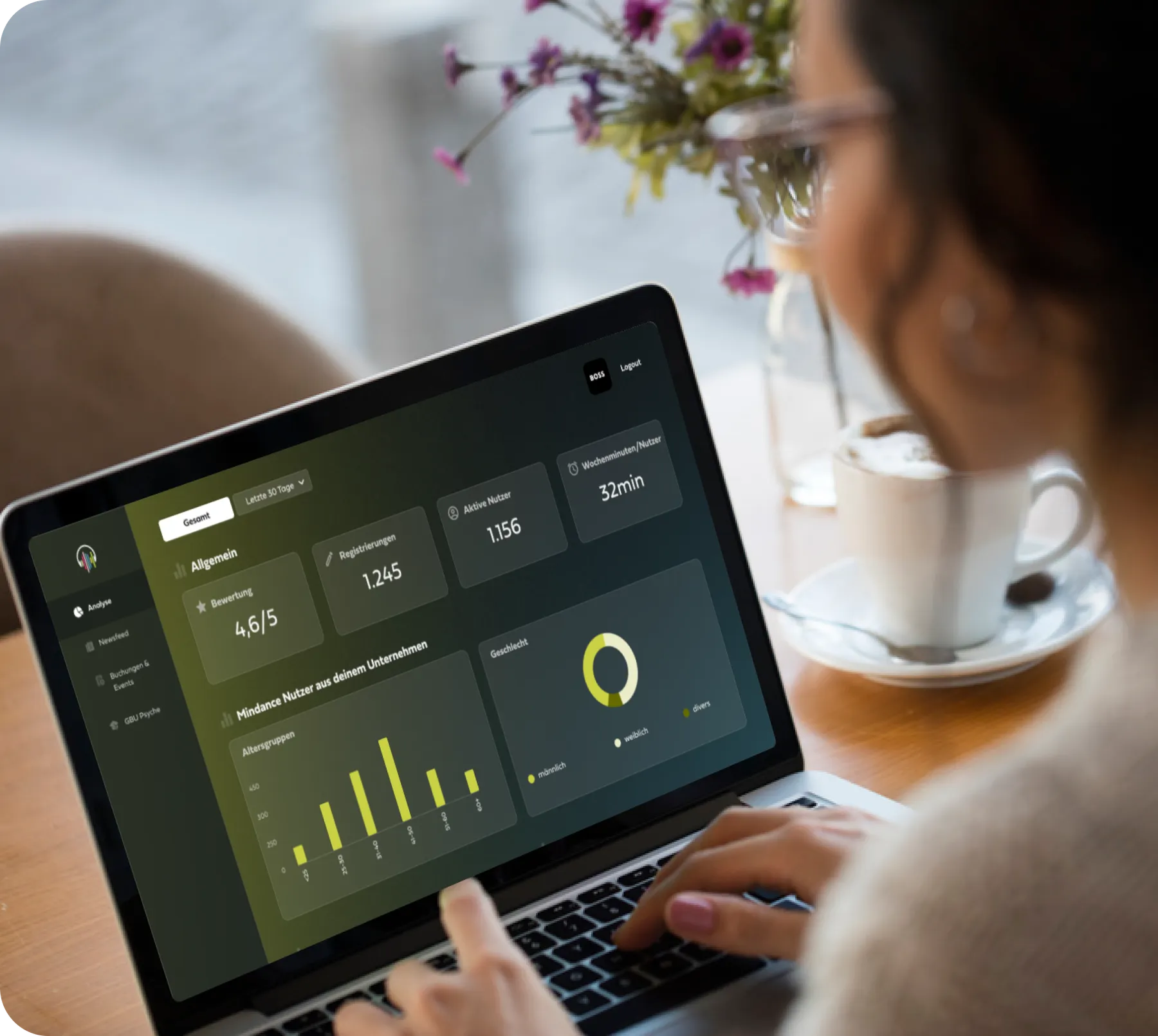 A woman at her laptop steering her company’s health offerings in the Mindance dashboard
