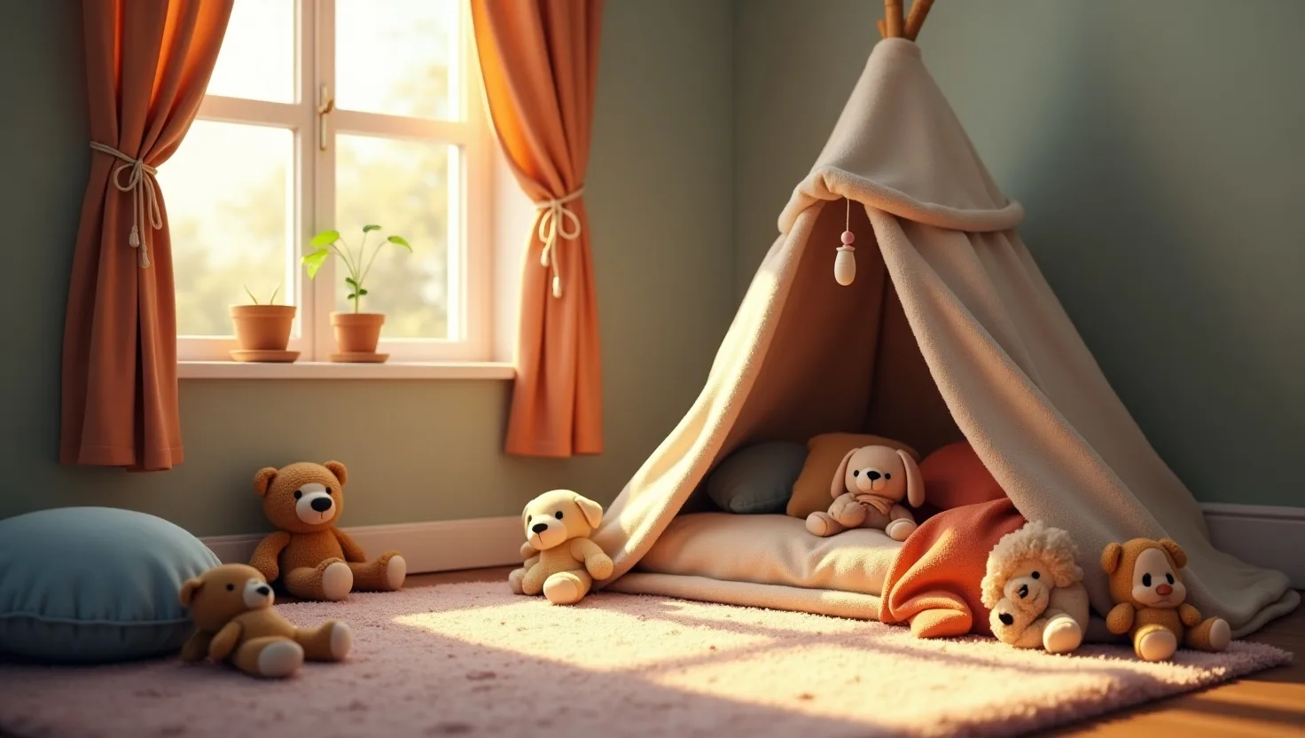 Cosy toy fort made of blankets in a room corner