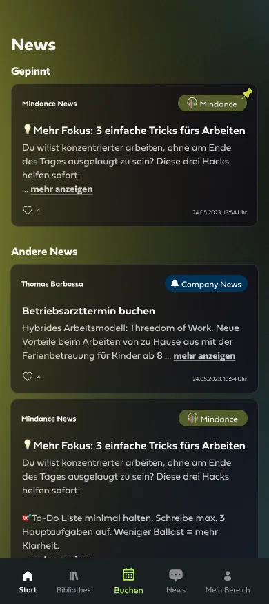 The internal company newsfeed in the Mindance app with the company’s own posts and dates