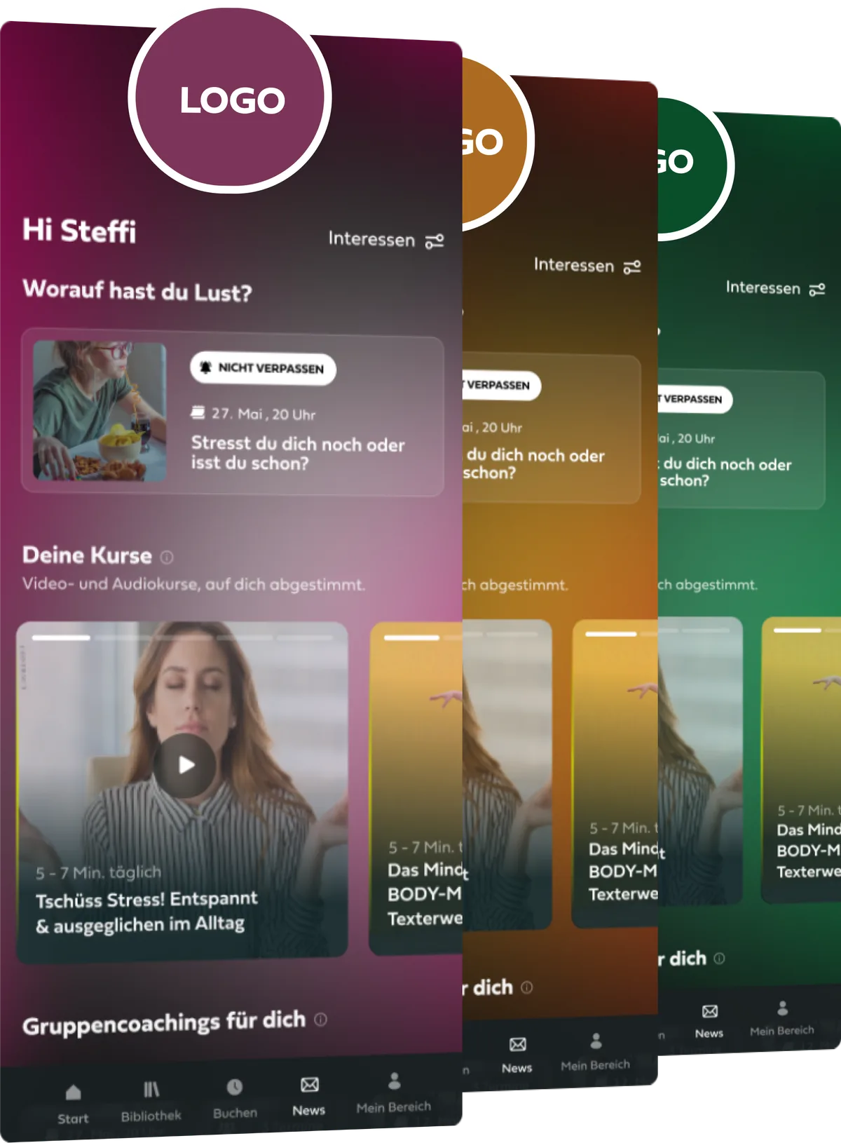 The Mindance app home screen in three company colours, each with the company’s own logo
